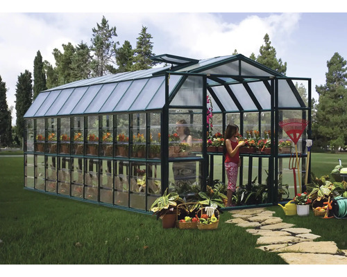 Serre avec étagères à plantes et accessoires de jardin dans le jardin.