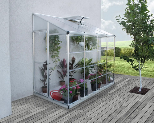 Serre avec plantes sur une terrasse en bois