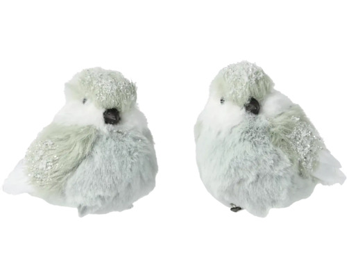 Zwei dekorative, weisse Wintervögel mit Glitzer