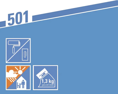 Informationen zur Verarbeitung mit Farbrolle und Glättkelle, Verwendung im Innenbereich bei Regen und Sonne sowie Materialverbrauch von 1,3 Kilogramm pro Quadratmeter pro Millimeter