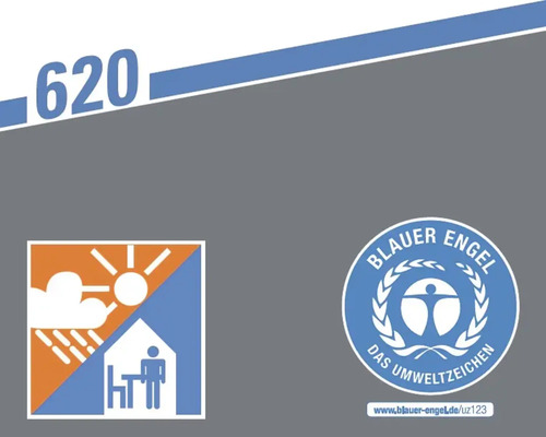 620 Symbol für Wetterbeständigkeit und Nutzung im Innenbereich, Blauer Engel Umweltzeichen