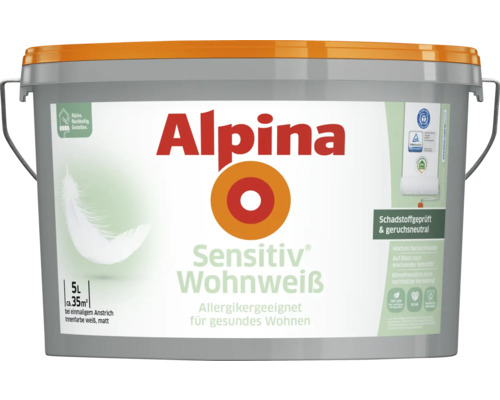 Peinture murale Alpina Sensitiv Wohnweiß blanc 5 l Peinture d''intérieur Alpina Sensitiv Wohnweiss, pot de 5 litres