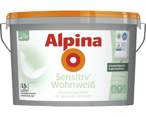 Peinture murale Alpina Sensitiv Wohnweiß blanc 2,5 l Alpina Sensitiv Wohnweiss peinture d''intérieur, pot de 2,5 litres