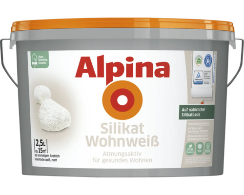 Peinture murale Alpina Silikat Wohnweiß blanc 2,5 l Seau de peinture d''intérieur Alpina Silikat Wohnweiss, contenance 2,5 litres