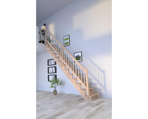 Escalier à limon latéral Pertura Atanas hêtre bois lamellé-collé sans contremarches limon latéral non traité hêtre droit 100 cm 13 marches / 14 contremarches garde-corps à barres Escalier à limon latéral Pertura Atanas hêtre bois lamellé-collé sans contremarches limon latéral non traité hêtre droit 100 cm 13 marches / 14 contremarches garde-corps à barres
