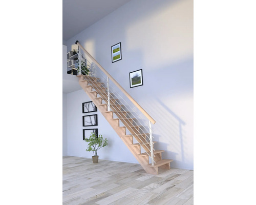 Escalier à limon latéral Pertura Atanas hêtre bois lamellé-collé sans contremarches limon latéral non traité hêtre droit 80 cm 13 marches / 14 contremarches garde-corps à barres Escalier à limon latéral Pertura Atanas hêtre bois lamellé-collé sans contremarches limon latéral non traité hêtre droit 80 cm 13 marches / 14 contremarches garde-corps à barres