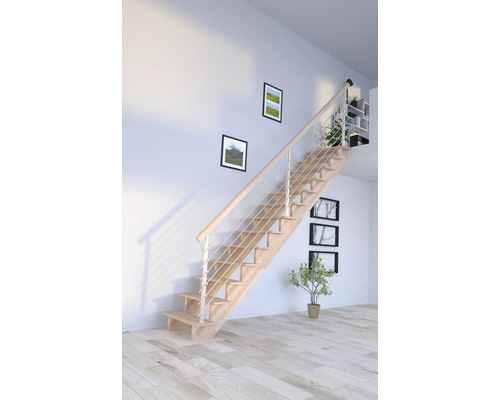 Escalier à limon latéral Pertura Atanas hêtre bois lamellé-collé sans contremarches limon latéral non traité hêtre droit 100 cm 13 marches / 14 contremarches garde-corps à barres Escalier à limon latéral Pertura Atanas hêtre bois lamellé-collé sans contremarches limon latéral non traité hêtre droit 100 cm 13 marches / 14 contremarches garde-corps à barres