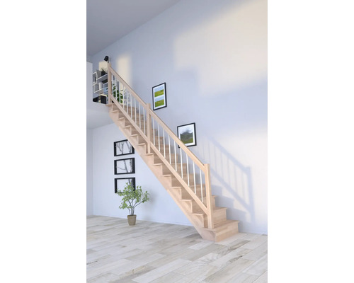 Holztreppe mit Geländer in einem hellen Raum mit Bildern an der Wand und einer kleinen Pflanze