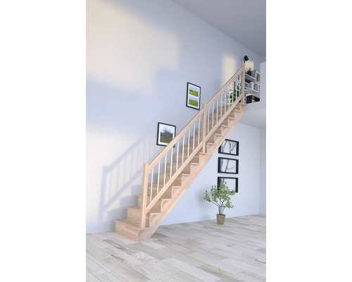 Escalier à limon latéral Pertura Atanas hêtre bois lamellé-collé avec contremarches limon latéral non traité hêtre droit 100 cm 13 marches / 14 contremarches garde-corps à barres