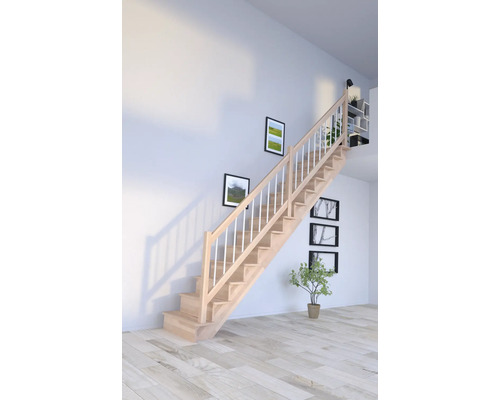 Escalier à limon latéral Pertura Atanas hêtre bois lamellé-collé avec contremarches limon latéral non traité hêtre droit 100 cm 13 marches / 14 contremarches garde-corps à barres