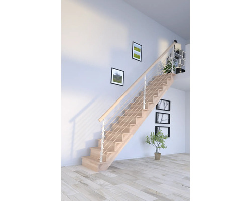 Escalier à limon latéral Pertura Atanas hêtre bois lamellé-collé avec contremarches limon latéral non traité hêtre droit 80 cm 13 marches / 14 contremarches garde-corps à barres