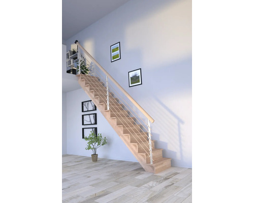 Escalier à limon latéral Pertura Atanas hêtre bois lamellé-collé avec contremarches limon latéral non traité hêtre droit 100 cm 13 marches / 14 contremarches garde-corps à barres
