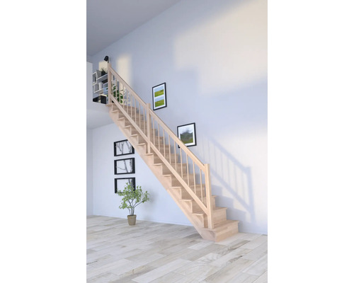 Escalier à limon latéral Pertura Atanas hêtre bois lamellé-collé avec contremarches limon latéral non traité hêtre droit 80 cm 13 marches / 14 contremarches garde-corps à barres
