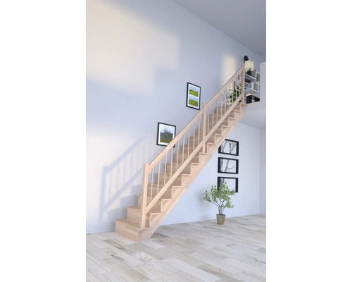 Escalier à limon latéral Pertura Atanas hêtre bois lamellé-collé avec contremarches limon latéral non traité hêtre droit 100 cm 13 marches / 14 contremarches garde-corps à barres