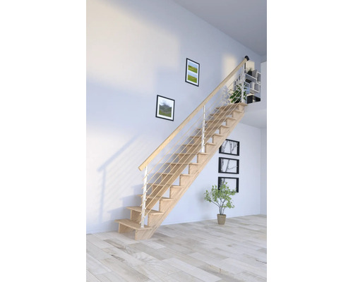 Escalier à limon latéral Pertura Atanas chêne sans contremarches limon latéral non traité chêne droit 100 cm 13 marches / 14 pas de marche garde-corps à barres Escalier en bois avec rampe dans une pièce lumineuse