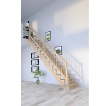 Holztreppe in einem hellen Wohnraum mit Bildern an der Wand und Regalen