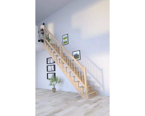 Escalier à limon latéral Pertura Atanas chêne sans contremarches limon latéral non traité chêne droit 100 cm 13 marches / 14 pas de marche garde-corps à barres Escalier en bois dans une pièce lumineuse avec décorations murales