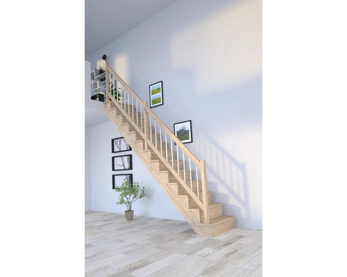 Escalier à limon latéral Pertura Atanas chêne avec contremarches limon latéral non traité chêne droit 80 cm 13 marches / 14 pas de marche garde-corps à barres