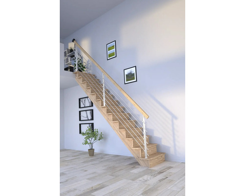 Escalier à limon latéral Pertura Atanas chêne avec contremarches limon latéral non traité chêne droit 100 cm 13 marches / 14 pas de marche garde-corps à barres