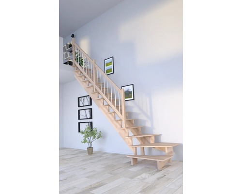 Escalier à limon latéral Pertura Atanas hêtre bois lamellé-collé sans contremarches limon latéral non traité hêtre 1/4 tournant en bas à gauche 80 cm 13 marches / 14 contremarches garde-corps à barres Escalier en bois en intérieur avec rampe blanche