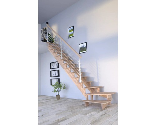 Escalier à limon latéral Pertura Atanas hêtre bois lamellé-collé sans contremarches limon latéral non traité hêtre 1/4 tournant en bas à gauche 100 cm 13 marches / 14 contremarches garde-corps à barres Pièce claire et conviviale avec escalier en bois et rampe en acier.