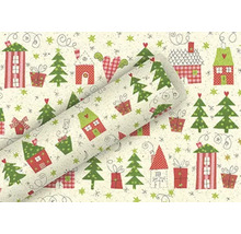 Geschenkpapier mit Häusern, Weihnachtsbäumen und Geschenken