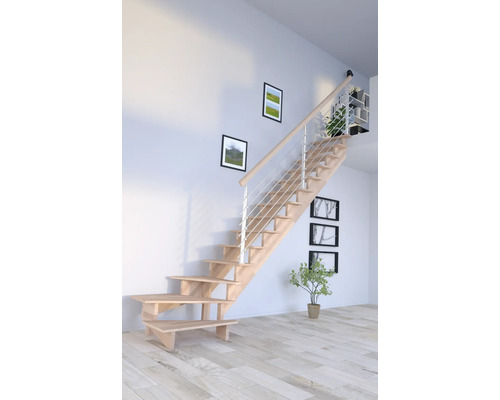 Escalier à limon latéral Pertura Atanas hêtre bois lamellé-collé sans contremarches limon latéral non traité hêtre 1/4 tournant en bas à droite 100 cm 13 marches / 14 contremarches garde-corps à barres Vue d''une pièce d''un escalier en bois avec rampe en acier inoxydable