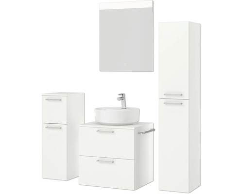 Badezimmer-Set mit Waschtisch, Aufsatzwaschbecken, Spiegelschrank und Hochschrank