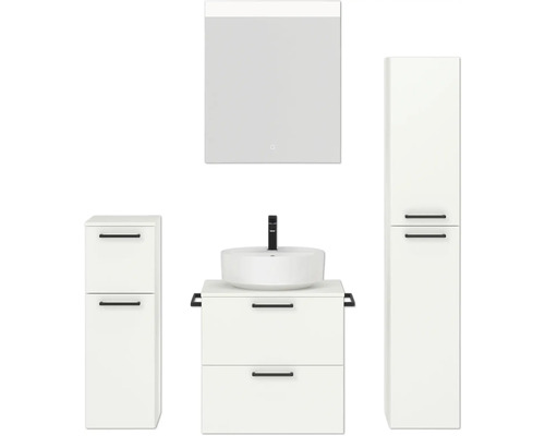 Badmöbel-Set NOBILIA Modern BxHxT 140 x 169,1 x 49 cm Frontfarbe weiß mit Spiegel mit LED-Beleuchtung Unterschrank Midischrank Griff schwarz 616