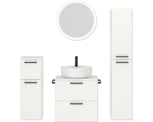 Badmöbel-Set NOBILIA Modern BxHxT 140 x 169,1 x 49 cm Frontfarbe weiß mit Spiegel rund mit LED-Beleuchtung Unterschrank Midischrank Griff schwarz 632
