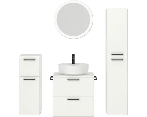 Badmöbel-Set NOBILIA Modern BxHxT 140 x 169,1 x 49 cm Frontfarbe weiß mit Spiegel rund mit LED-Beleuchtung Unterschrank Midischrank Griff schwarz 632 Badezimmer-Set mit Waschbecken, Unterschrank, Spiegelschrank und Hochschrank