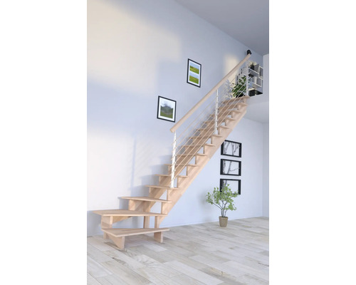 Escalier à limon latéral Pertura Atanas hêtre bois lamellé-collé sans contremarches limon latéral non traité hêtre 1/4 tournant en bas à droite 100 cm 13 marches / 14 contremarches garde-corps à barres Escalier en bois avec rampe en acier inoxydable dans une pièce lumineuse