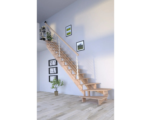 Escalier à limon latéral Pertura Atanas hêtre bois lamellé-collé sans contremarches limon latéral non traité hêtre 1/4 tournant en bas à gauche 100 cm 13 marches / 14 contremarches garde-corps à barres Escalier en bois avec rampe en acier inoxydable dans une pièce lumineuse