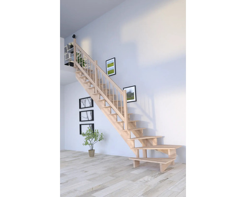 Escalier à limon latéral Pertura Atanas hêtre bois lamellé-collé sans contremarches limon latéral non traité hêtre 1/4 tournant en bas à gauche 100 cm 13 marches / 14 contremarches garde-corps à barres Escalier en bois avec rampe dans une pièce lumineuse.