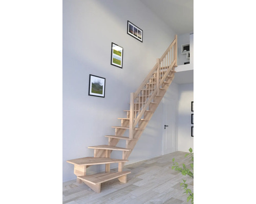 Escalier à limon latéral Pertura Atanas hêtre bois lamellé-collé sans contremarches limon latéral non traité hêtre 1/4 tournant en bas à droite 100 cm 13 marches / 14 contremarches garde-corps à barres Escalier en bois avec rampe à l''intérieur.