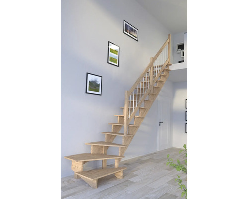 Escalier à limon latéral Pertura Atanas chêne sans contremarches limon latéral non traité chêne 1/4 tournant en bas à droite 80 cm 13 marches / 14 pas de marche garde-corps à barres Escalier à limon latéral Pertura Atanas chêne sans contremarches limon latéral non traité chêne 1/4 tournant en bas à droite 80 cm 13 marches / 14 pas de marche garde-corps à barres