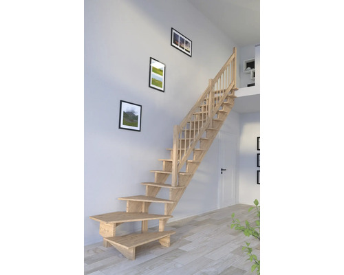 Escalier à limon latéral Pertura Atanas chêne sans contremarches limon latéral non traité chêne 1/4 tournant en bas à droite 80 cm 13 marches / 14 pas de marche garde-corps à barres Escalier en bois dans l''intérieur d''une maison avec des tableaux au mur