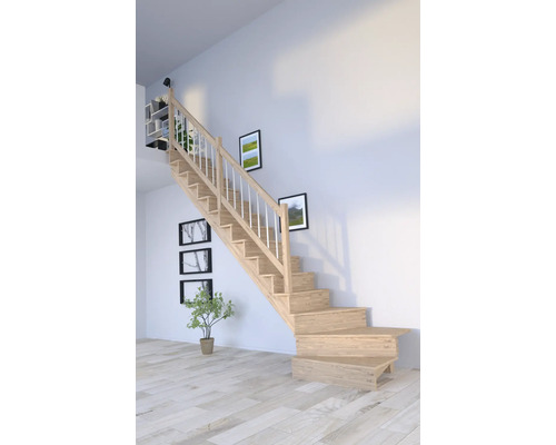 Escalier à limon latéral Pertura Atanas chêne avec contremarches limon latéral non traité chêne 1/4 tournant en bas à gauche 80 cm 13 marches / 14 pas de marche garde-corps à barres
