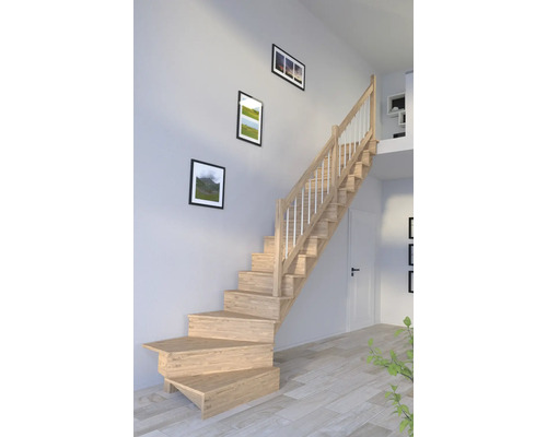 Escalier à limon latéral Pertura Atanas chêne avec contremarches limon latéral non traité chêne 1/4 tournant en bas à droite 80 cm 13 marches / 14 pas de marche garde-corps à barres