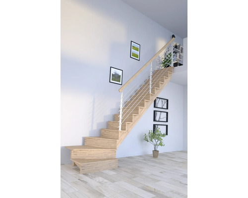 Escalier à limon latéral Pertura Atanas chêne avec contremarches limon latéral non traité chêne 1/4 tournant en bas à droite 100 cm 13 marches / 14 pas de marche garde-corps à barres
