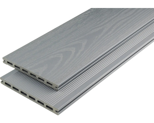 Deux lames de terrasse grises en plastique avec structure en bois