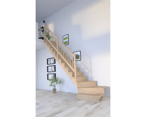 Escalier à limon latéral Pertura Atanas chêne avec contremarches limon latéral non traité chêne 1/4 tournant en bas à gauche 80 cm 13 marches / 14 pas de marche garde-corps à barres