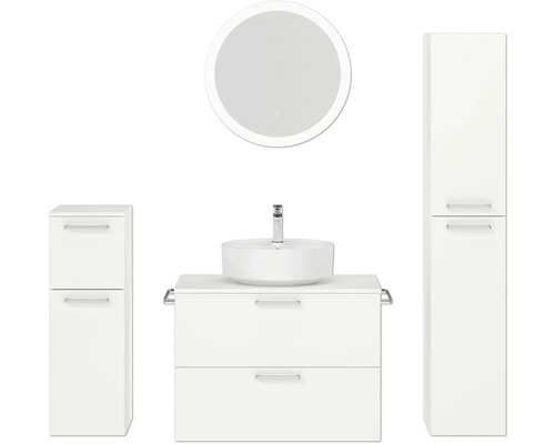 Badmöbel-Set NOBILIA Modern BxHxT 160 x 169,1 x 49 cm Frontfarbe weiß mit Spiegel rund mit LED-Beleuchtung Unterschrank Midischrank Griff chrom matt 689 Badezimmerensemble mit Waschbecken, Unterschrank, Spiegelschrank und Hochschrank