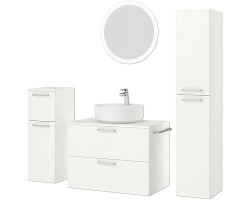Modernes Badezimmerensemble mit Waschtisch, Aufsatzwaschbecken, Spiegelschrank und Hochschrank