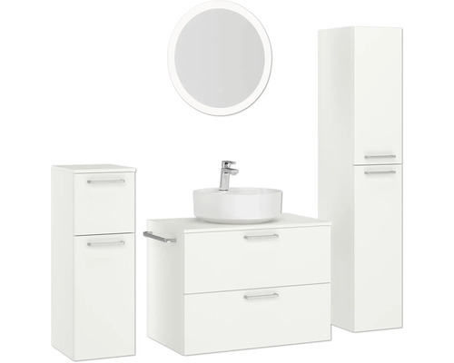 Badezimmergarnitur mit Waschtischunterschrank, Waschbecken, Spiegelschrank und Hochschrank