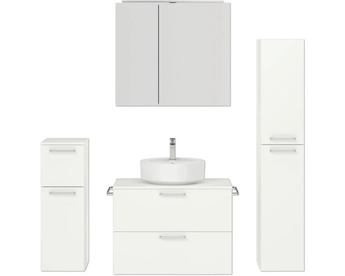 Badmöbel-Set NOBILIA Modern BxHxT 160 x 169,1 x 49 cm Frontfarbe weiß mit Spiegelschrank mit LED-Beleuchtung Unterschrank Midischrank Griff chrom matt 681 Badezimmermöbelset mit Waschtisch, Aufsatzwaschbecken, Spiegelschrank und zwei Hochschränken