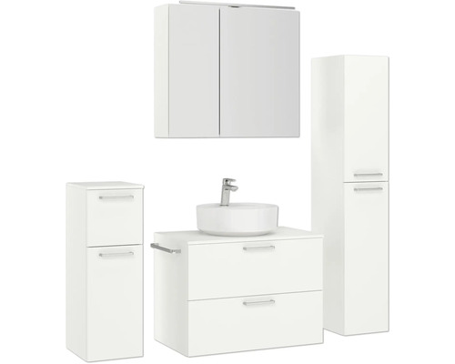 Badezimmerset mit Waschbecken, Waschtischunterschrank, Hochschrank und Spiegelschrank