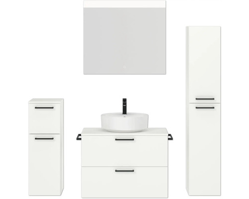 Badmöbel-Set NOBILIA Modern BxHxT 160 x 169,1 x 49 cm Frontfarbe weiß mit Spiegel mit LED-Beleuchtung Unterschrank Midischrank Griff schwarz 672 Badezimmer mit Waschtisch, Aufsatzwaschbecken, Spiegelschrank und Hochschrank