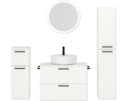 Badmöbel-Set NOBILIA Modern BxHxT 160 x 169,1 x 49 cm Frontfarbe weiß mit Spiegel rund mit LED-Beleuchtung Unterschrank Midischrank Griff schwarz 688