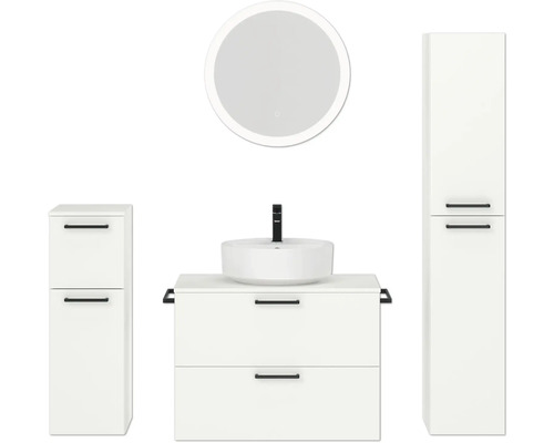 Badmöbel-Set NOBILIA Modern BxHxT 160 x 169,1 x 49 cm Frontfarbe weiß mit Spiegel rund mit LED-Beleuchtung Unterschrank Midischrank Griff schwarz 688 Badezimmerensemble mit Waschtisch, Aufsatzwaschbecken, Spiegelschrank und Hochschrank